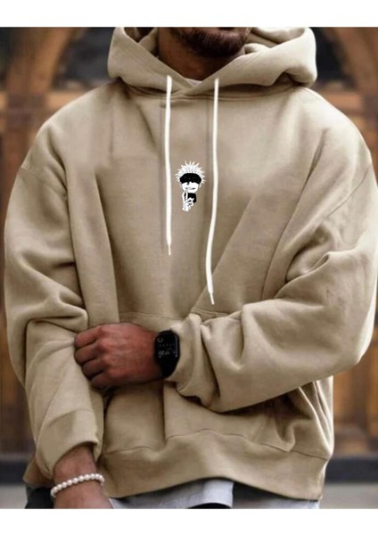 Erkek Bej Minimal Naruto Baskılı Oversize Sweatshirt