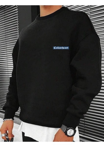 Erkek Siyah Oversize Celloheart Baskılı Bisiklet Yaka Sweatshirt