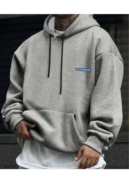 Erkek Gri Oversize Cellorheart Baskılı Sweatshirt