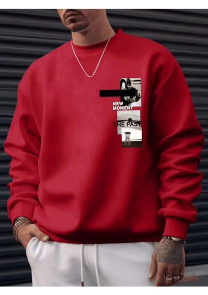 Erkek Kırmızı New Moment The Post Baskılı Bsiklet Yaka Sweatshirt