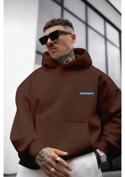 Erkek Kahverengi Oversize Cellorheart Baskılı Sweatshirt
