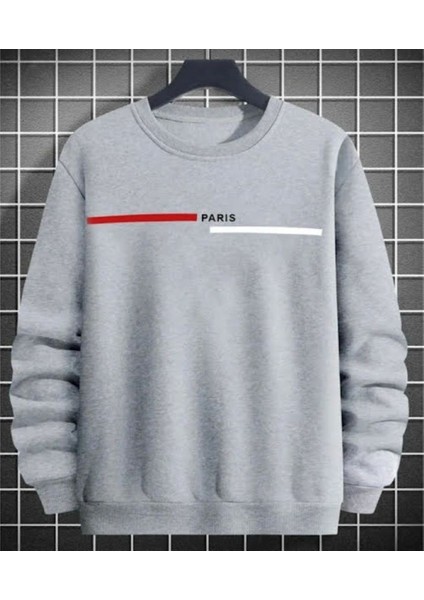 Erkek Gri Paris Baskılı Yazılı Bisiklet Yaka Sweatshirt