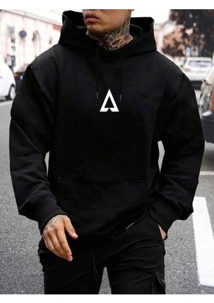 Erkek Siyah Üçgen Baskılı Sweatshirt