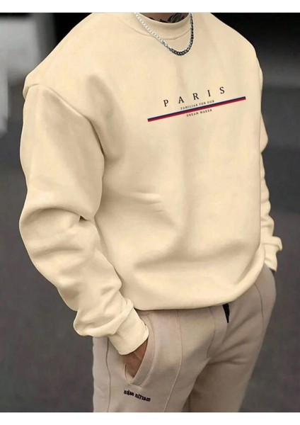 Erkek Bej Renk Paris Yazılı Kapüşonlu Sweatshirt Uzun Kol Konforlu Kullanım