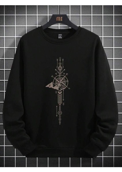 Unisex Siyah Pusula Baskılı Bisiklet Yaka Sweatshirt