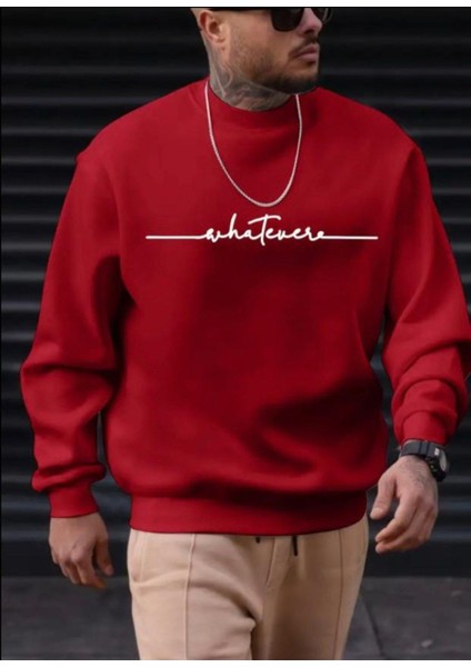 Erkek Kırmızı Oversize Whatever Baskılı Bisiklet Yaka