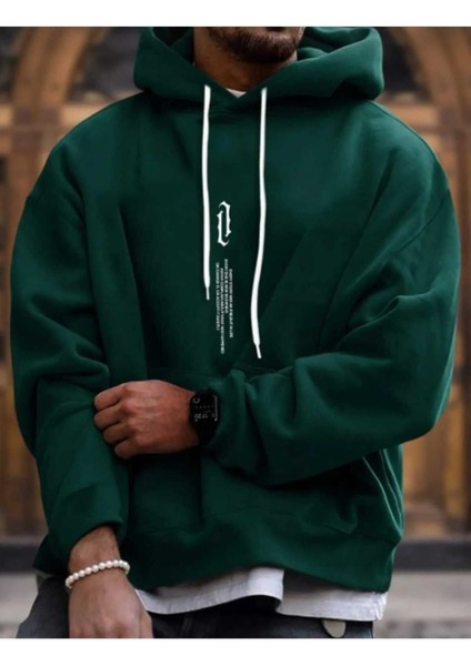 Erkek Yeşil Oversize Kapüşonlu Dikey Baskılı Sweatshirt