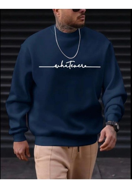 Erkek Lacivert Oversize Whatever Baskılı Bisiklet Yaka