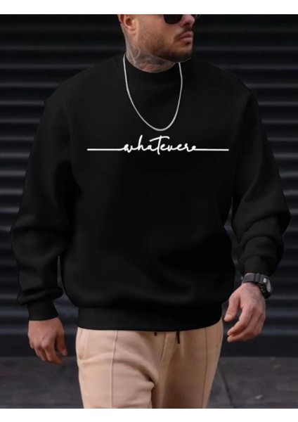 Erkek Siyah Oversize Whatever Baskılı Bisiklet Yaka