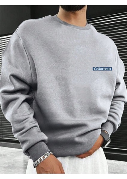 Erkek Gri Oversize Celloheart Baskılı Bisiklet Yaka Sweatshirt