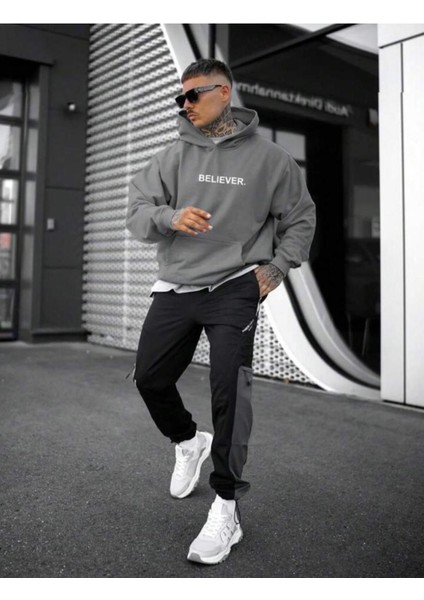 Erkek Nardo Gri Believer Baskılı Oversize Sweatshirt modelleri