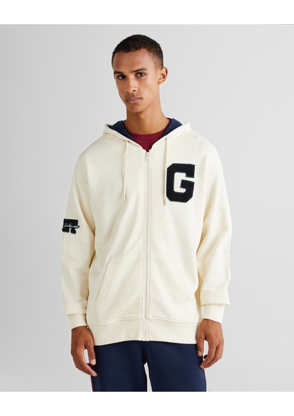 Erkek Krem Relaxed Fit Kapüşonlu Logolu Sweatshirt 2524339T.130