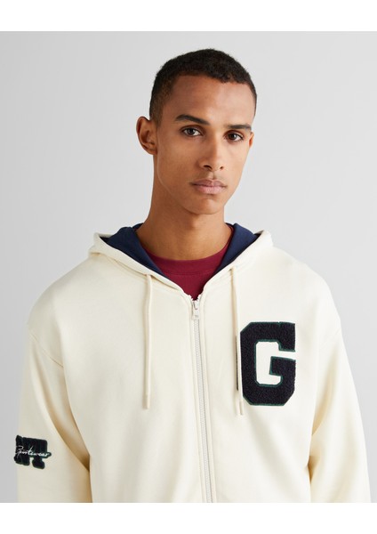 Erkek Krem Relaxed Fit Kapüşonlu Logolu Sweatshirt 2524339T.130