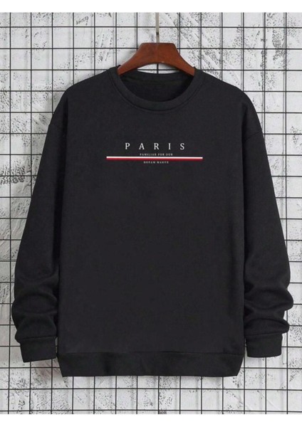Erkek Siyah Paris Baskılı Bisiklet Yaka Sweatshirt