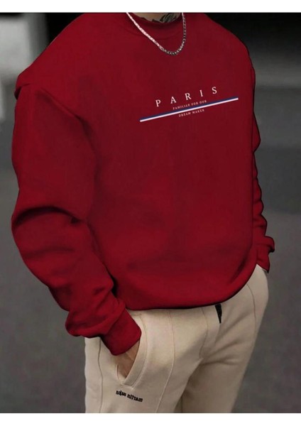 Erkek Kırmızı Paris Baskılı Bisiklet Yaka Sweatshirt