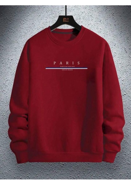 Erkek Kırmızı Paris Baskılı Bisiklet Yaka Sweatshirt modelleri