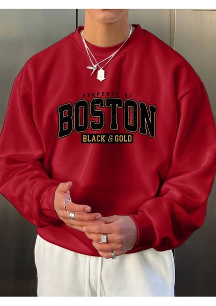 Erkek Kırmızı Boston Baskılı Oversize Sweatshirt