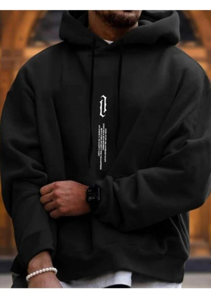 Erkek Siyah Dikey Baskılı Oversize Sweatshirt