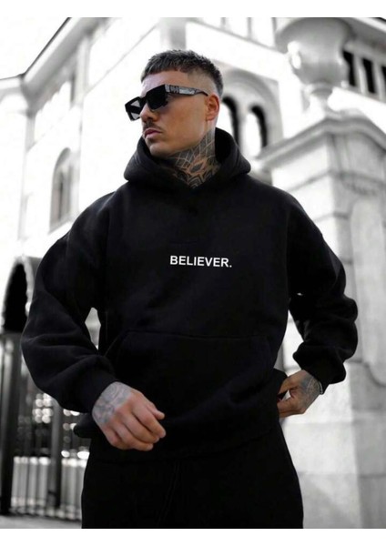 Erkek Siyah Believer Baskılı Oversize Sweatshirt