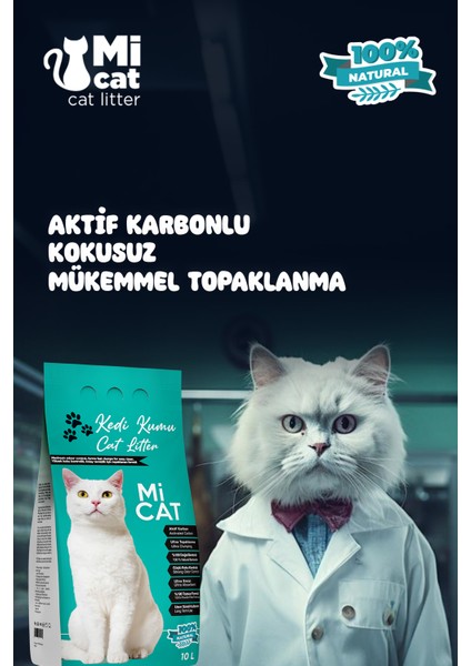 Mi Cat 10 Litre Aktif Karbonlu Kokusuz Doğal Bentonit Kedi Kumu Süper Topaklanan ve Tozsuz