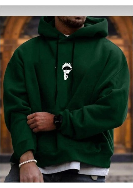 Erkek Yeşil Minimal Naruto Baskılı Oversize Sweatshirt