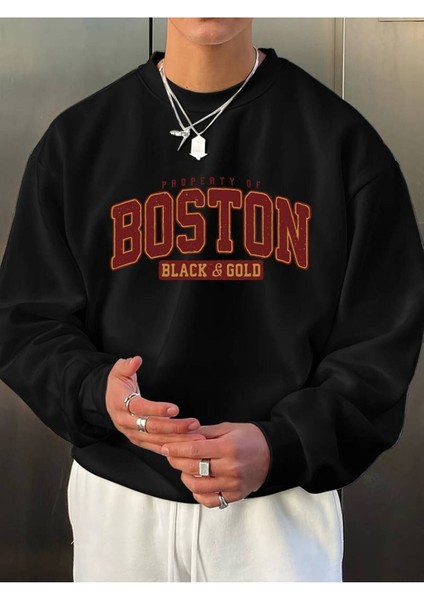 Erkek Siyah Boston Baskılı Oversize Sweatshirt