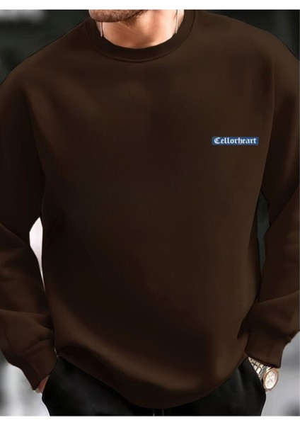Erkek Kahverengi Oversize Celloheart Baskılı Bisiklet Yaka Sweatshirt