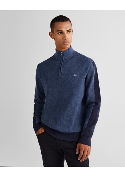 Erkek Lacivert Relaxed Fit Yarım Fermuarlı Logolu Kazak 8924352T.410