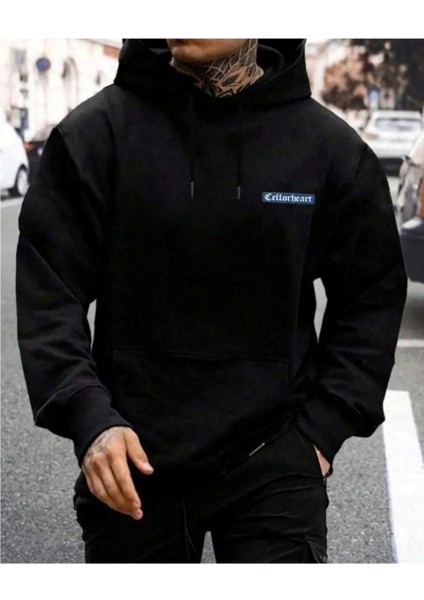 Erkek Siyah Oversize Cellorheart Baskılı Sweatshirt