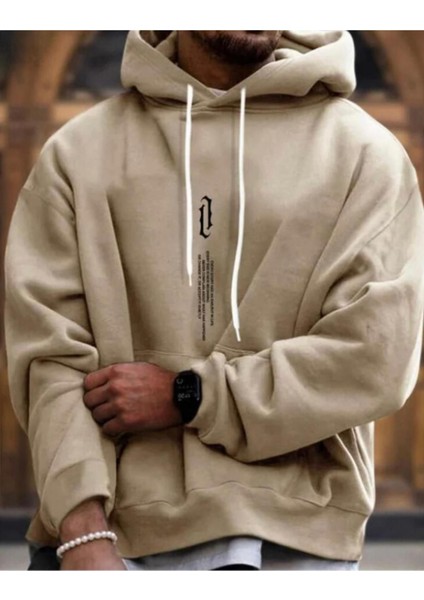 Erkek Bej Dikey Baskılı Oversize Sweatshirt