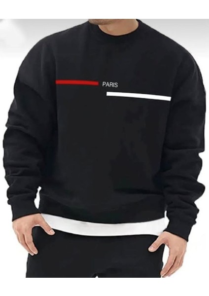 Erkek Siyah Paris Baskılı Yazılı Bisiklet Yaka Sweatshirt