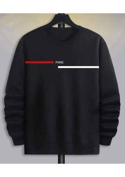 Erkek Siyah Paris Baskılı Yazılı Bisiklet Yaka Sweatshirt fiyatları