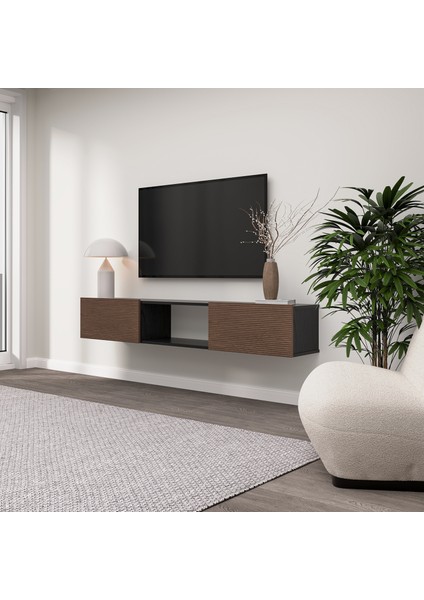 The FeHAN Onyx Duvara Monte 2 Kapaklı Tv Ünitesi ,tv Sehpası ,tv Duvar Ünitesi 180CM - Ahşap Siyah / Kaplan