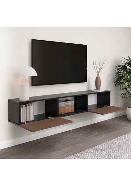 The FeHAN Onyx Duvara Monte 2 Kapaklı Tv Ünitesi ,tv Sehpası ,tv Duvar Ünitesi 180CM - Ahşap Siyah / Kaplan