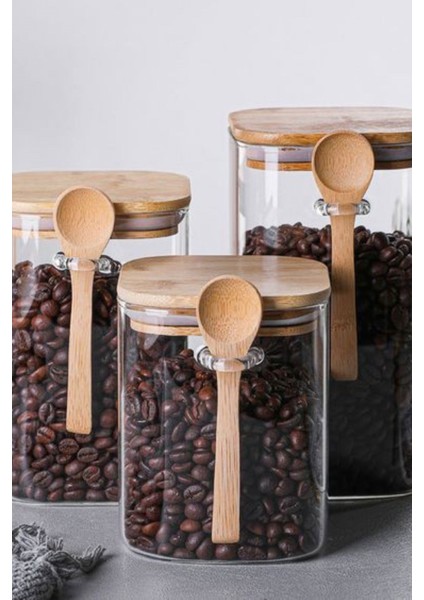 1 Adet Bambu Kapaklı Kaşıklı Cam Kavanoz 900 ml