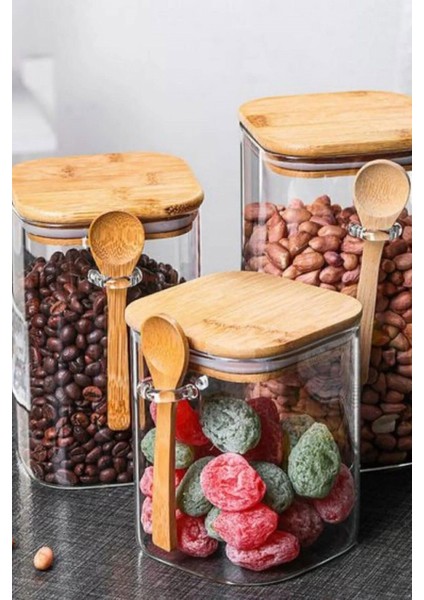 1 Adet Bambu Kapaklı Kaşıklı Cam Kavanoz 900 ml