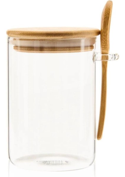 1 Adet Bambu Kapaklı Kaşıklı Cam Kavanoz 900 ml