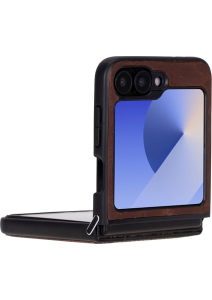 Samsung Galaxy Z Flip6 Uyumlu Deri Arka Kapak Antik Kahve