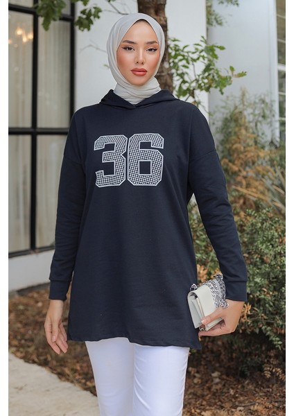 Kapüşonlu Baskılı Tesettür Tunik 1214 - Lacivert