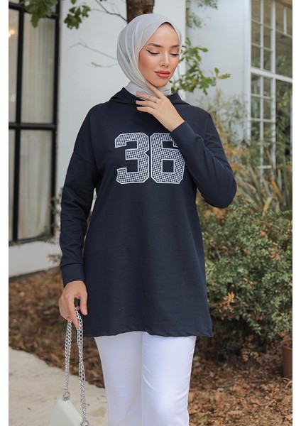 Kapüşonlu Baskılı Tesettür Tunik 1214 - Lacivert modelleri