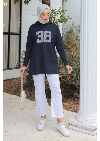 Kapüşonlu Baskılı Tesettür Tunik 1214 - Lacivert fırsatları