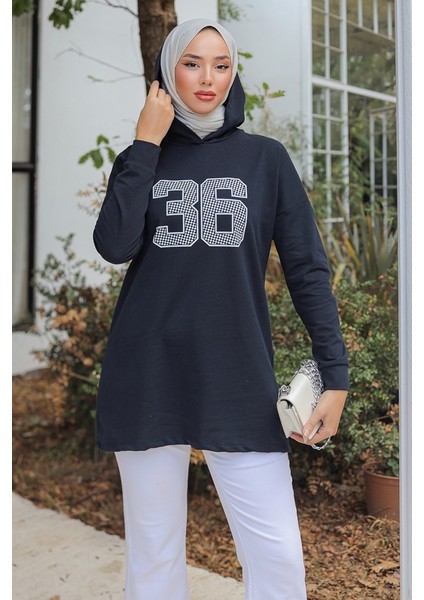 Kapüşonlu Baskılı Tesettür Tunik 1214 - Lacivert indirimleri