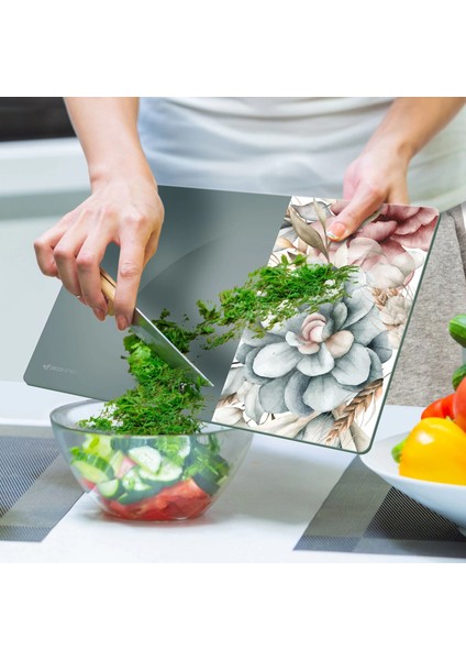 Cam Kesme Tahtası ve Sunumluk Vintage Gri Renkli Çiçek 20X30 cm