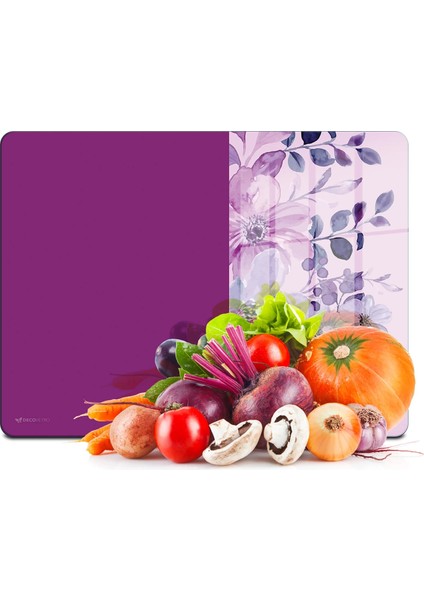 Cam Kesme Tahtası ve Sunumluk Vintage Mor Çiçek 20X30 cm