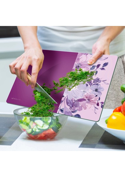 Cam Kesme Tahtası ve Sunumluk Vintage Mor Çiçek 20X30 cm modelleri