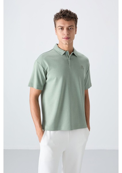 Tommy Life Açık Yeşil Pamuklu Kalın Yumuşak Dokulu Oversize Fit Basic Polo Yaka Erkek T-Shirt - 88327