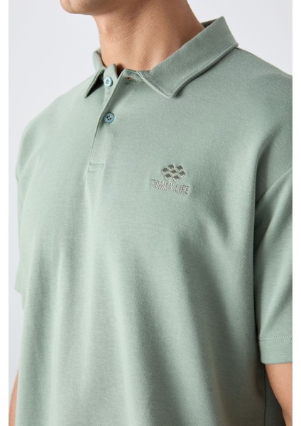 Tommy Life Açık Yeşil Pamuklu Kalın Yumuşak Dokulu Oversize Fit Basic Polo Yaka Erkek T-Shirt - 88327
