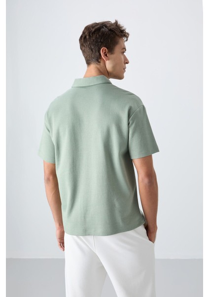 Tommy Life Açık Yeşil Pamuklu Kalın Yumuşak Dokulu Oversize Fit Basic Polo Yaka Erkek T-Shirt - 88327