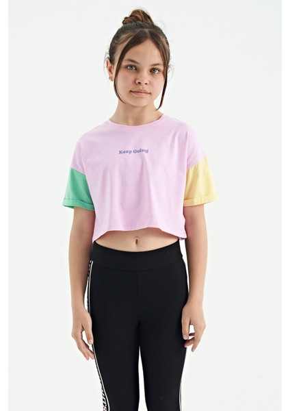 Pembe Yazı Baskılı O Yaka Düşük Omuzlu Oversize Kız Çocuk T-Shirt - 75130