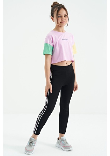Pembe Yazı Baskılı O Yaka Düşük Omuzlu Oversize Kız Çocuk T-Shirt - 75130